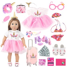 AugFrog Doll Travel Suitecase Set for 18-Inch Girl Dolls, Includes Pink Doll Luggage, Unicorn Themed Doll Dress, Bikini Swimsuit, Toiletry Kits and Coin Purses, 32 Pcs Birthday Gift for Girls