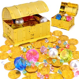 SelfTek Pack of 106 Treasure Chest Children's Birthday Pirate Treasure, Diving Toy for Children, Water Toy, Diving Jewel Pool Toy, 50 Gold Coins, 50 Gemstones, Pirate Toy for Treasure Hunting Party