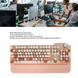 Typewriter Mechanical Gaming Keyboard, 107 Round Keycaps LED Backlit Mechanical Keyboard with Volume Control Knob, Cute Wired Bluetooth Keyboard for Game Office (Milk Tea Color)