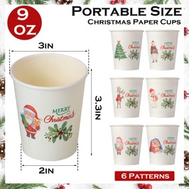 120 Pcs 9 oz Christmas Cups Xmas Santa Claus Snowman Christmas Tree Polar Bear Elk Paper Cups Christmas Party Supplies Disposable Coffee Tea Cups Hot Cold Drink Paper Cups for Adults Holidays