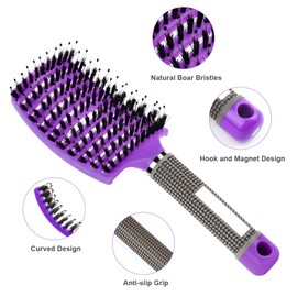 URAQT Hair Brush, 2 Pcs Boar Bristle Paddle Hairbrush with Tail Comb, Soft Massage Vent Brush for Men Women, Detangle Hair Brush for Long Thick Curly Hair, Reducing Hair Breakage (Red & Purple)