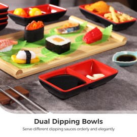 30 Pack Dual Dipping Sauce Bowls, 2 Compartment Soy Sauce Dishes Melamine, Black Red Divided Dip Bowls Side Dishes, Dip Serving Bowls Set for Sushi Sauce Seasoning Dish