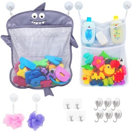 2 organizadores de juguetes de baño de malla + 6 ganchos ultra fuertes – El soporte perfecto para juguetes de tina y organizador de baño o ducha – Estas bolsas de red multiusos hacen que el almacenamiento de juguetes de baño de bebé sea fácil – Para niño