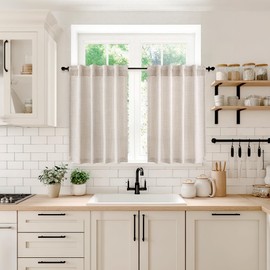 MIULEE Linen Textured Small Kitchen Window Curtains Over Sink, Semi Sheer Farmhouse Cafe Curtain 36 Inch Long Short Back Tab Half Window Curtains for Bathroom Basement 2 Panels Beige