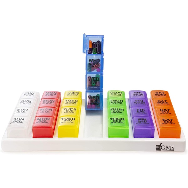 GMS 4 Times a Day Weekly Pill Reminder for Medications, Vitamins, Supplements and Other Pills - Includes 7 Removable Pill Boxes in a Flat White Tray (Rainbow)