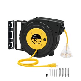 WILAWELS Retractable Extension Cord Reel, 50 FT Heavy Duty Power Cord, 14AWG/3C SJTOW, 3 Grounded Outlets Lighted Triple Tap, 13 Amp Circuit Breaker, UL Listed, Yellow Y50CR06