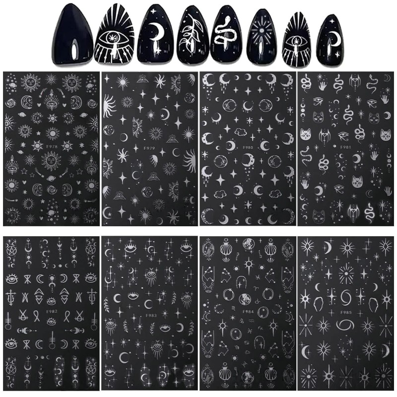 OSTTMA 8 Sheets Metallic Nail Art Stickers Decals Silver Moon
