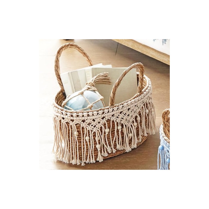 BLACK FOREST DECOR Coastal Seagrass Basket with Natural Macrame