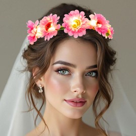 Kesvb Light Up Flower Hair Wreath LED Sunflower Headband Sparkly Festival Party Headdress Wedding Bridal Hair Accessories for Women (Pink, One Size)
