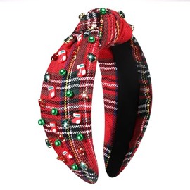 vokone Christmas Headbands for Women Red Plaid Crystal Pearl Christmas Stockings Knotted Headband Christmas Holiday Accessories Gifts Red Plaid