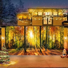 DORCEV Fall Forest Natural Scenery Garage Door Decorations Banner 7x16ft Autumn National Park Thanksgiving Party Garage Door Cover Maple Leaves Pumpkin Party Background Farm Harvest Event Supplies