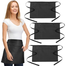 GWHOLE 3 Pcs Apron Waist Waitress Aprons Short Black Apron with 3 Pockets for Chef Baker Bartender Craftsmen Men and Women