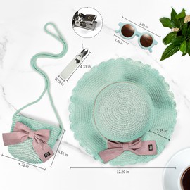 Knana 4Pcs Summer Straw Hat Bag Sunglasses Set for Girls Kids - Cute Bow Round Sunglasses and Straw Shoulder Bag for Kids Girls Activities Outdoor - Blue
