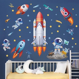 DECOWALL SG2-2416 Rockets and Astronauts Wall Sticker Space Wall Sticker Nursery Home Decor Kids Baby Boys Bedroom Playroom Dark Stars Moon Planets