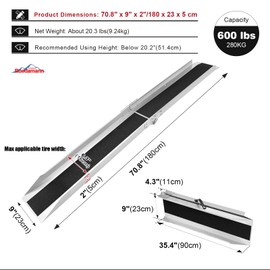 Ruedamann 70.8" L Steel Motorcycle Ramp for Truck, Usable Width 7.5", 600 Lbs, Bike Ramps with Anti-Slip Surface, Folding Dirtbike Ramps for Bicycle with Load Straps for Pickups, Tractors, 1PC