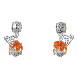 Delight Jewelry Hot Orange Hibiscus Flowers Spinner - I Love You/Love You More Charm Beads (Set of 2)