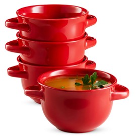 Soup Crocks with Handles, Ceramic Make, Great for Chili, Soup, by KooK, 22oz, Set of 4 (red)