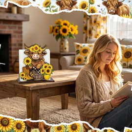 Mifoci Summer Sunflower Highland Cow Napkin Holder Wooden Farmhouse Kitchen Bathroom Decor Sunflower Cattle Tissue Dispenser Gift for Tables Home Countertop Accessories