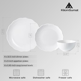 KilomSumat Porcelain Dinnerware Sets for 4, 12 Piece Plates and Bowls Set, Scratch-Resistant, Microwave & Dishwasher Safe Dishes, Kitchen and Dining Dishware
