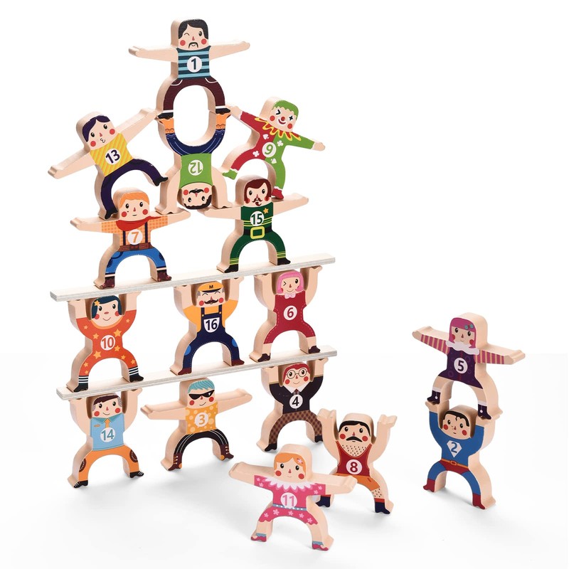 moopok Wooden Stacking Toys,16Pcs Circus Hercules Acrobatic Troupe Interlock Toy,Balancing