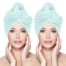 Glamza Microfibre Hair Towel Wrap Super Absorbing Twist Turban Hair Wrap with Buttons for Fast Drying Hair (2 PACK (LARGE) - GREEN)