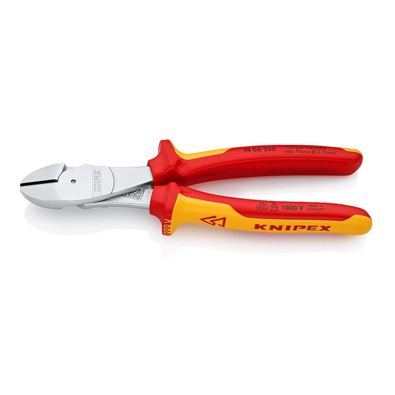 Kraftseitenschneider VDE L.200mm Chrom f.Pianodraht KNIPEX mit 2Komp.-Hüllen