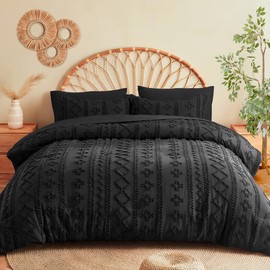 MR&HM Twin XL Comforter Set Black, 5 Pieces Tufted Boho Beddding Sets, Farmhouse Style Bed in a Bag with 1 Comforter, 1 Pillow Sham, 1 Pillowcase, 1 Flat Sheet, 1 Fitted Sheet for College Dorm