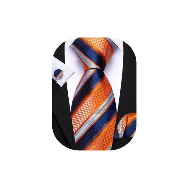 Barry.Wang Navy Blue Orange Tie for Men Striped Silk Necktie