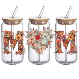 UV DTF Glass Cup Wrap Transfer -Retro Flower Mom Heart UVDTF can Glass,mom Sublimation Design Flower Waterproof Decal for 16oz Glass Cups, Gifts for Women - 3PCS