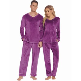 Ekouaer Couples Matching Pajamas Sets Velvet PJs Set for Men and Women Velour Long Sleeve Sleepwear S-XXL Purple