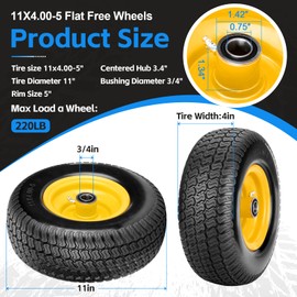 11x4.00-5 Flat Free Lawn Mower Tires, Zero Turn Mower Front Tires, 11x4-5 Solid Lawn Tractor Wheel with Rims, 3/4" or 5/8" & 1/2" Precision Bearings, 3.4"-3.9"-4.9"-5.9" Center Hub (2 Pack Yellow)