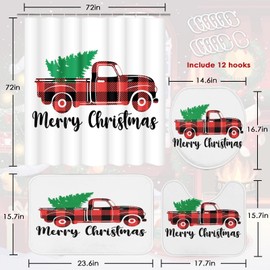 Britimes 4 Piece Shower Curtain Sets, Green Christmas Tree Buffalo Plaid with Non-Slip Rugs, Toilet Lid Cover and Bath Mat, for Bathroom Decor Set, 72" x 72"