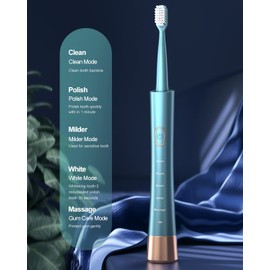 AJELU USB Rechargeable Sonic Electric Toothbrush for Adults, Powered Motor High Vibration Teeth & Gum Care, Soft Dupont Brush Heads, 2 Minutes Timer 5 Modes, Green