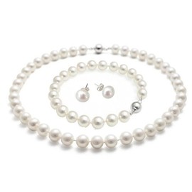 Treasure Bay 8-9mm White Pearl Necklace Bracelet and Earrings Set, Pearl Jewellery Set for Women