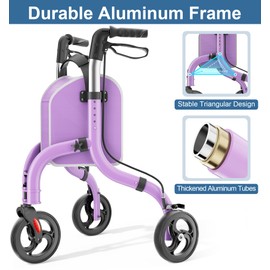 HOMLAND 3 Wheel Walkers for Seniors, Lightweight Foldable Aluminum Three Wheel Walker, Height Adjustable Compact Rollator Walker with Removable Storage Bag