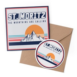 1 x Greeting Card & 10 cm Round Sticker Set - Retro St Moritz Ski Cool Skiing Mountains - Birthday Thank You Friend Lover Fan Mum Dad Kids #59039
