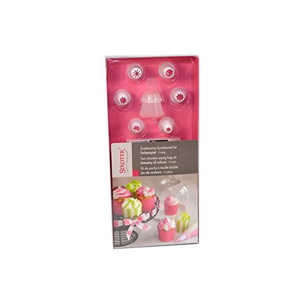 Two-chamber disposable piping bag set including nozzles and adapter, 15