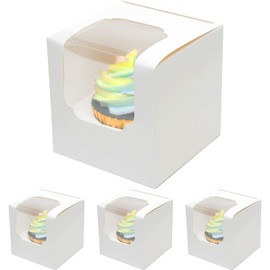 qiqee White Cupcake Boxes Individual Cupcake Container 25pcs 3.5" x 3.5" x 3.5" Auto-Pop up Single Cupcake Boxes (25 Boxes+25 Inserts)