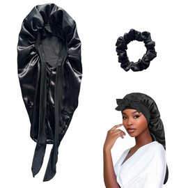 JAMAKALA Long Satin Bonnet for Women,Satin Sleep Cap with Tie Band and Scrunchies,Comfortable Elastic Wide Brim Satin Bonnet for Women Girls (Black)
