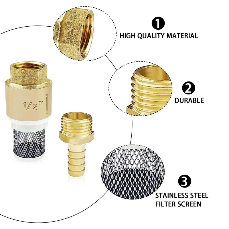 Yovslop 1/2" Filter Brass Foot Check Valves with Hose Connection,