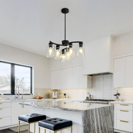 KUSSCO 6-Light Modern Chandelier Black Chandeliers for Dining Room Seeded Glass Pendant Lights for Kitchen Island Living Room Foyer Bedroom E26 Base