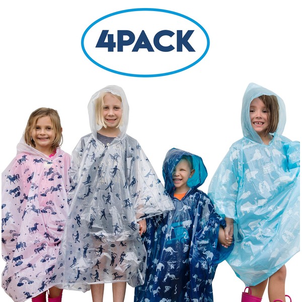 Disposable Rain Ponchos Kids - Emergency Kids Rain Poncho - 4 Pack of Youth Size Hooded Ponchos for Boys and Girls - Lightweight, Packable Rain Gear for Travel and More- Fun Colors, Designs