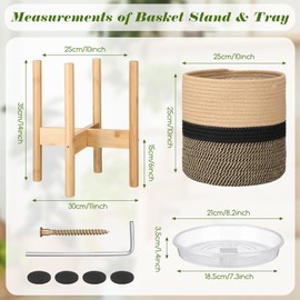 Sunnychicc Plant Basket with Stand Indoor Planter Pot Holder Sturdy Jute Rope Modern Woven Plant Basket, Cotton Rope Woven Pot with Bamboo Plant Stand(Black and Beige Stripes,10 Inch)