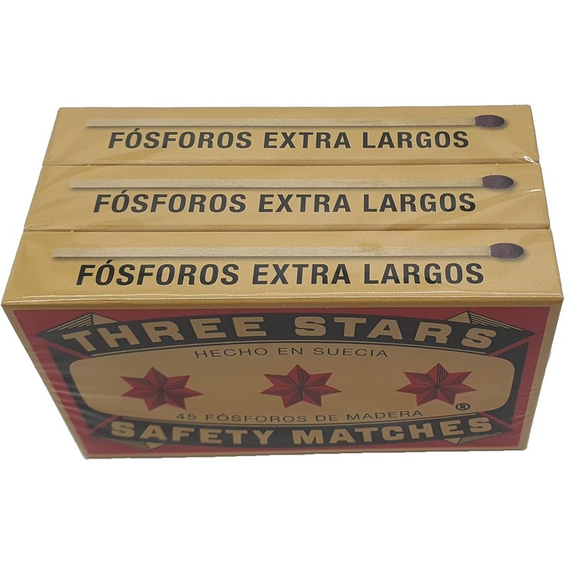 Three Stars Safety Matches, 3 Pack, Strike-On-Box