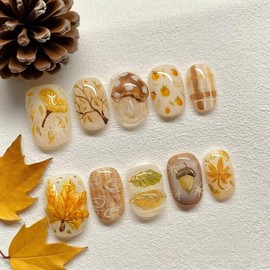 30Pcs Fall Press on Nails Short Square Fake Nails with Ginkgo Maple Leaves Mushroom Designs Thanksgiving False Nails Reusable Autumn Acrylic Nail Kit Fall Maple Leaf Glue on Nails for Women