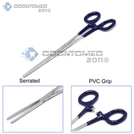OdontoMed2011 Heavy Duty Navy Blue PVC Grip Handle German Grade Stainless Hemostat Forceps Straight Serrated 8" ODM