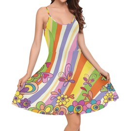 Coloranimal Colorful Butterflies Print Women's Summer Dresses Groovy Hippie Daisy 70s 80s Spaghetti Strap Sleeveless V Neck Casual Swing Sundresses Groovy Flower Party Cocktail A Line Dresses