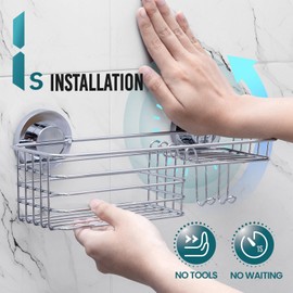 TAILI Shower Caddy Suction Cup with Hooks & Soap holder, Heavy Duty Bathroom Shower Organizer, No Drilling Shower Shelf for Inside Shower, Stainless Steel Silver Shower holder organizer