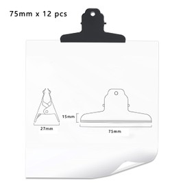 GUOKOFF Pack of 12 Bulldog Clip Large, 3 Inch / 75 mm Metal Hinge Clips, Black Bulldog Binder Clips, Paper Clips for Pictures, Photos, Kitchen and Office