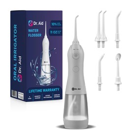 Dr. Aid Dental Water Flosser – Portable Oral Irrigator – 11Oz Tank, Water Filter, 5 Tips, Magnetic Charger – IPX8 Waterproof Cordless Water Flosser, Ideal Water Flossers for Teeth, Gums, Braces, White
